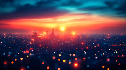Naklejka premium Vibrant Sunset Over City Skyline, Urban Landscape at Dusk