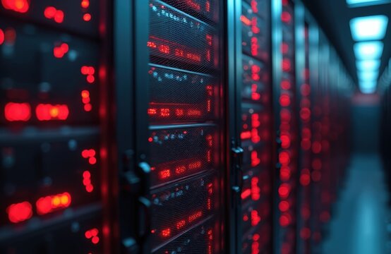 Rows of data center server racks with glowing red lights create high-tech atmosphere. Metallic equipment runs in dark, cool room, signifying advanced computing infrastructure and digital processing.