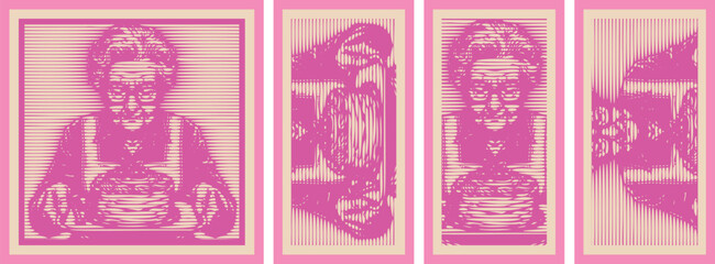 Stylized Pink Line Art of Elder Woman with Glasses Holding Cake - Celebration & Baking Illustration