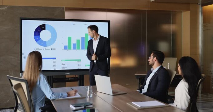 Confident project manager man presenting marketing sales report on large presentation screen, pointing at analytic chart, talking to colleagues sitting at meeting table - Powered by Adobe