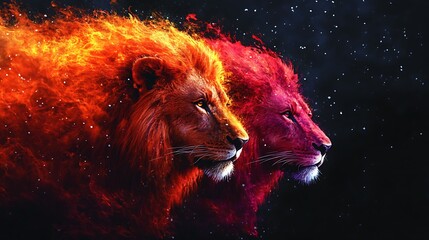 Naklejka premium Two lions in fiery display against a dark background.