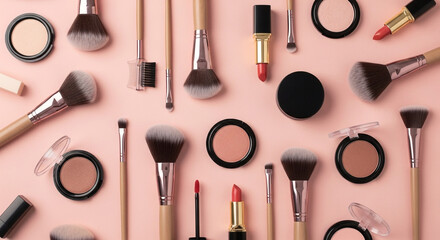 Makeup brushes and cosmetics flat lay on pink background beauty product concept
