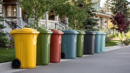 Colorful trash cans lined up on a residential street