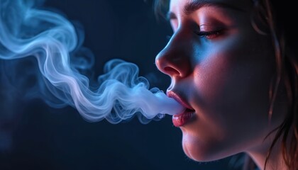 Close-up illustration of young woman exhaling thick plume of smoke. Image focuses on lips, nose, with blue, pink lighting creating dramatic mood. Smoke swirls artistically, suggesting sensory