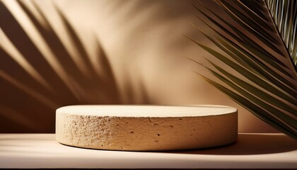 sandstone podium for luxury product placement with palm leaf shadow in background natural stone material scene minimal luxury aesthetic