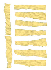 Wrinkled torn yellow paper collection with varied shapes and textures. A set of creased note scraps perfect for collage, handmade designs, and vintage-style compositions.