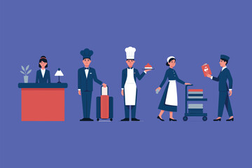 Hotel staff members in various roles including reception chef porter and housekeeper on blue background