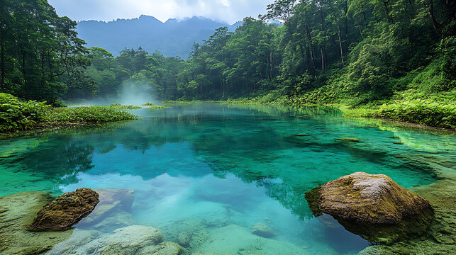 Serene Emerald Lake Surrounded by Lush Green Forest - Powered by Adobe