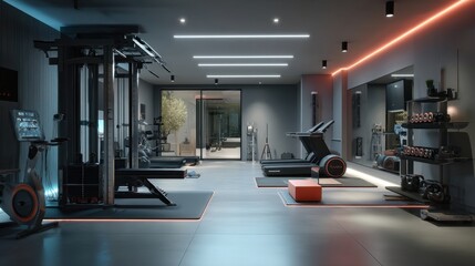 Modern Fitness Studio with High-Tech Equipment in Sleek Interior Design