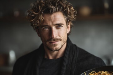 Obraz premium Handsome man showcasing gourmet dish in contemporary kitchen, highlighting culinary skills and passion for cooking