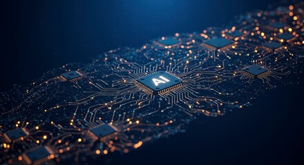Artificial Intelligence AI Microchip Processor on a Futuristic Digital Circuit Board. Modern Technology, Machine Learning, and Big Data Concept.
