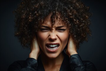 Woman expressing frustration while holding her ears in a dark setting filled with emotion and intensity