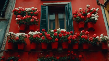 Red building adorned with potted roses and window shutters.