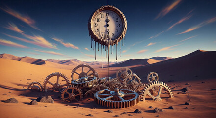 Melting clock gears in desert surrealism time concept surreal art landscape