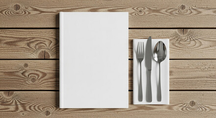 Restaurant menu mockup template with cutlery on wooden background for design
