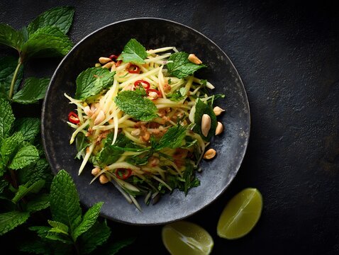 Thai green mango salad dried shrimp peanuts and lime dressing colorful fresh ingredients top down composition