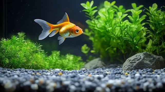 Goldfish swimming in a planted aquarium.