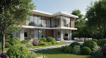 Modern two-story house nestled in lush green landscaping, showcasing expansive glass windows and outdoor patio.