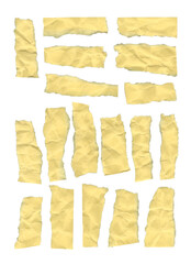 Wrinkled yellow note paper set with jagged edges. Handmade-looking collection for creative...