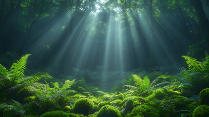 Obraz premium Sunbeams Illuminating a Lush, Mossy Forest Floor