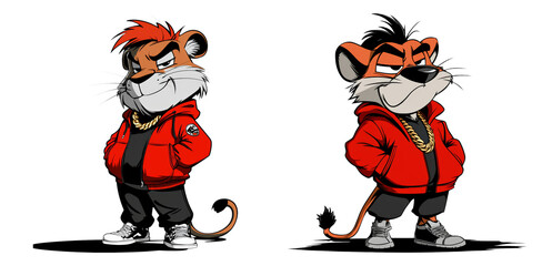 Cartoon tiger characters in red outfit isolated on transparent PNG image perfect for children's books or fun merchandise design
