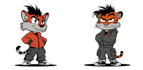 Cartoon tiger characters in red outfit isolated on transparent PNG image perfect for children's books or fun merchandise design