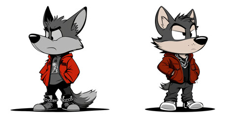 Cartoon wolf in red jacket isolated on transparent PNG image perfect for character design or children’s illustration