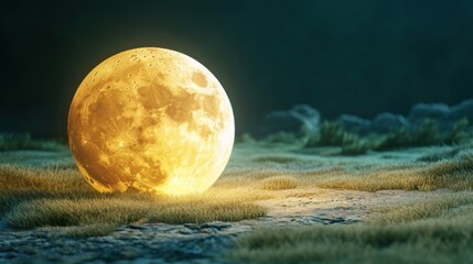 Fallen moon made of pastel yellow cheese on a solid forest green background. Humorous fantasy.