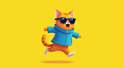 Cartoon cat in a blue coat and sunglasses running animal background