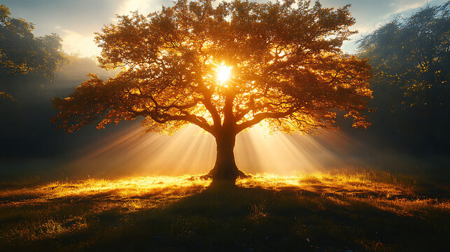 Majestic Oak Tree Silhouetted Against Sunrise, Golden Hour Rays of Light