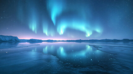 Arctic Aurora Borealis Reflection in Frozen Lake at Night