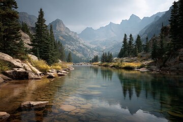 Serene mountain lake surrounded by tall pines and rugged peaks during a misty morning