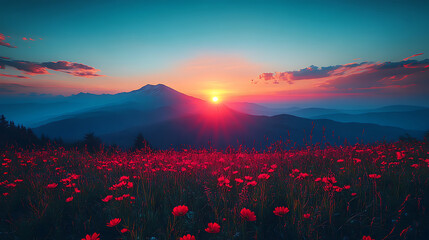 Majestic Sunrise over Mountain Range with Wildflower Meadow