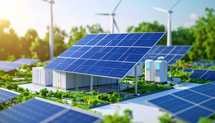 Solar Panel Array and Turbine : An artistic depiction of solar panels and wind turbines harnessing the power of renewable energy, promoting a sustainable future.