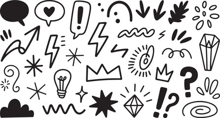 Black doodle elements including speech bubbles hearts lightning bolts and stars white