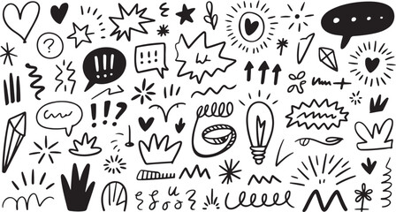 Obraz premium Black doodle icons and symbols on white background heart star