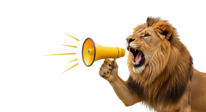 Lion roars into yellow megaphone, making a powerful announcement or statement with ferocity