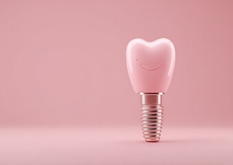 Pink dental implant with a happy smile on a pink background Concept of dental care, prosthetics, and oral hygiene for a healthy smile