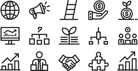 Business icons depicting growth strategy and collaboration globe megaphone
