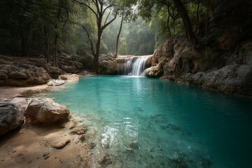 Serene turquoise water pool with cascading waterfall in a lush green forest at early morning light