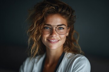 Fototapeta premium Young woman with curly hair and glasses smiling warmly in a cozy indoor setting during daylight hours