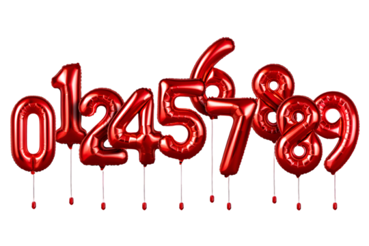 Red balloon numbers isolated on white background for festive celebration and birthday visuals
