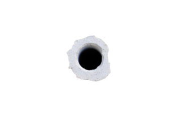 Hole in concrete isolated on white background for construction damage and infrastructure visuals
