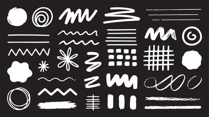 White abstract brush strokes and shapes on black background vector