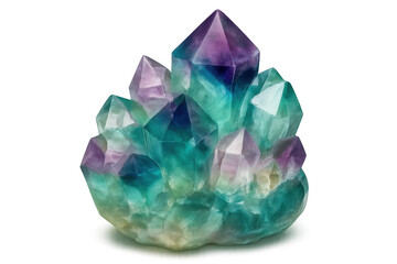 Fototapeta premium Fluorite crystal cluster displaying vivid purple, green, teal hues, highlighting mineral's translucent beauty against clean white backdrop