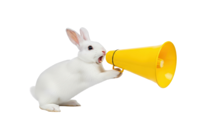 White rabbit shouts into a bright yellow megaphone to amplify important announcement