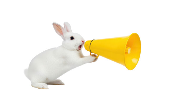 White rabbit shouts into a bright yellow megaphone to amplify important announcement