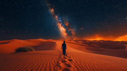 Solitary Figure Walking Towards the Milky Way in the Sahara Desert at Night