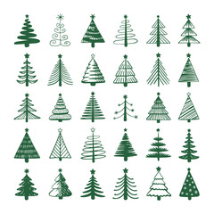 Obraz premium Collection of assorted christmas tree doodles with varying designs and star toppers arranged in a grid pattern
