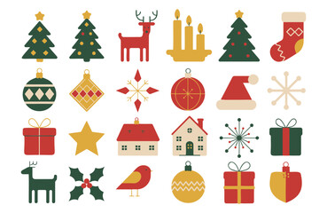 Collection of christmas themed clip art including christmas trees reindeer ornaments gifts and other holiday icons